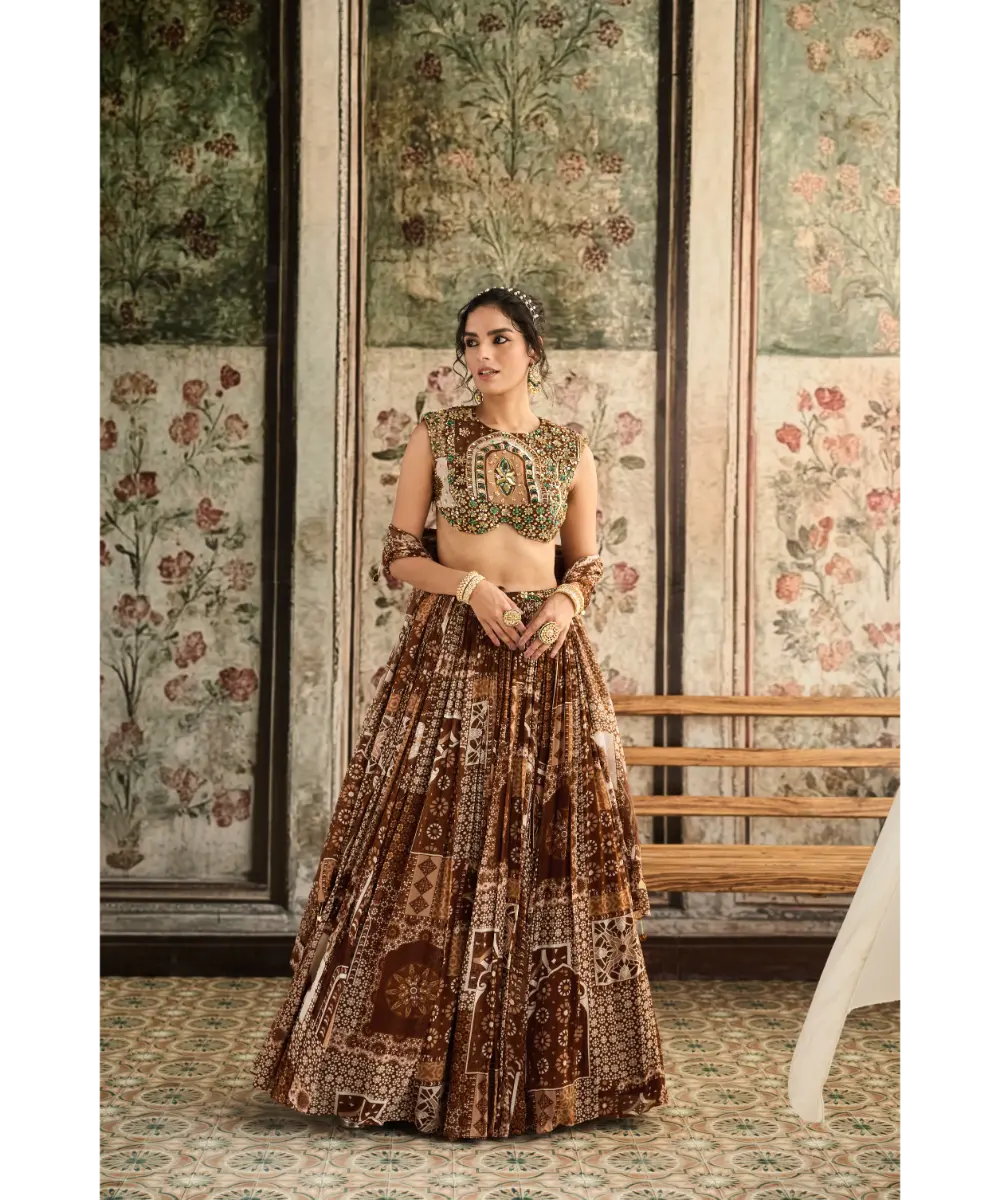 DIYARAJVVIR - Caramel Print and Highlighted Blouse and Lehenga Set